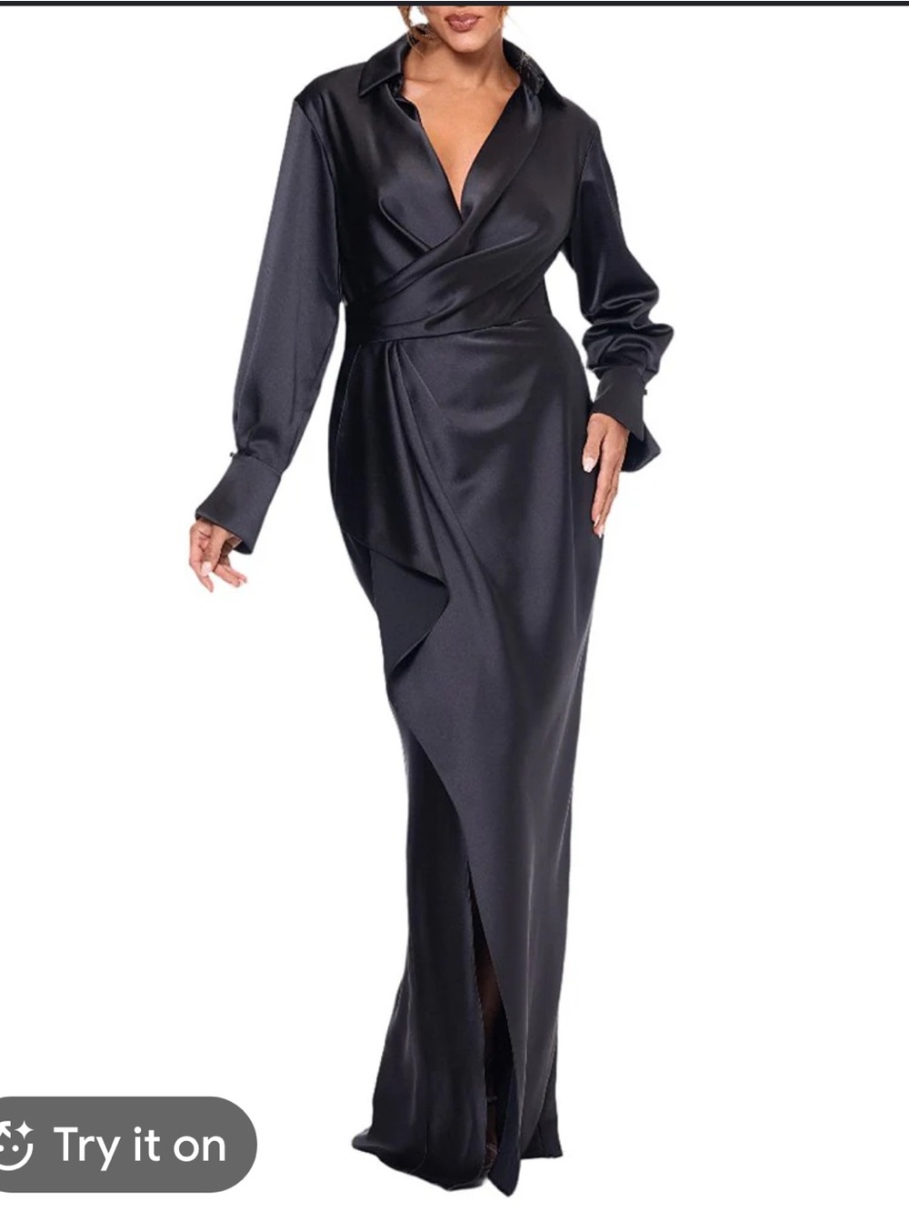 Xscape Black Satin Wrap Maxi Dress with Collared Neck